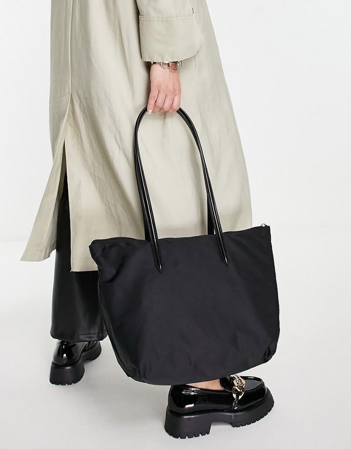 Asos Design Recycled Nylon Tote With Patent Handle In Black
