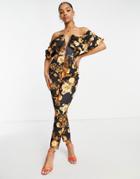 Asos Design Scuba Off Shoulder V Bar Slim Leg Jumpsuit In Dark Floral Print-multi