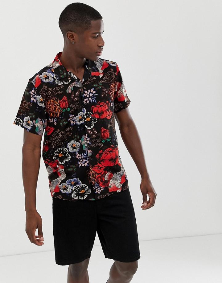 Brave Soul Floral Print Shirt With Revere Collar - Black