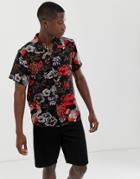 Brave Soul Floral Print Shirt With Revere Collar - Black