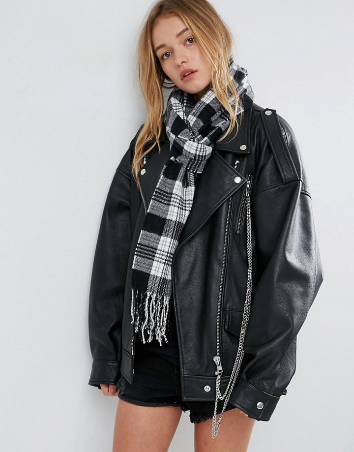 Asos Long Woven Mono Check Scarf With Tassels - Multi