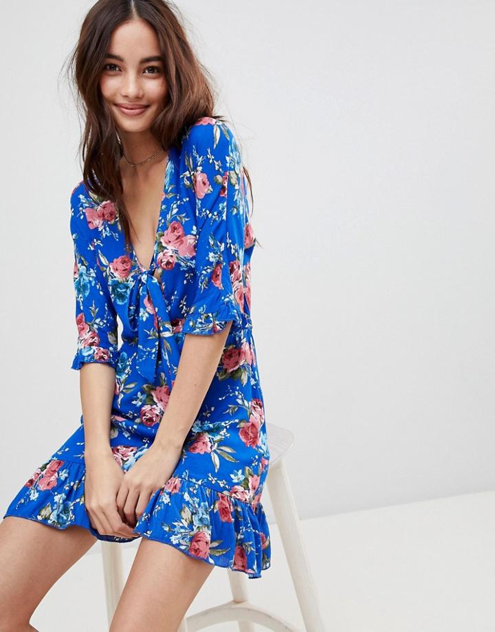Parisian Floral Tea Dress With Tie Front - Blue