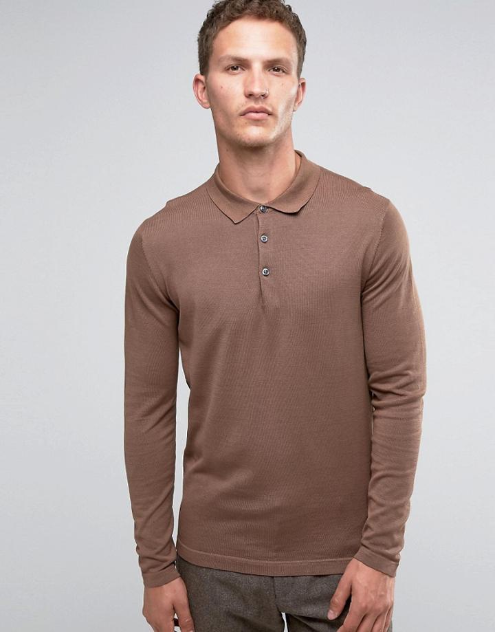 Selected Homme Merino Long Sleeve Knitted Polo - Beige