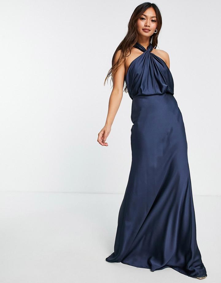 Asos Edition Satin Ruched Halter Neck Maxi Dress In Petrol Blue-navy