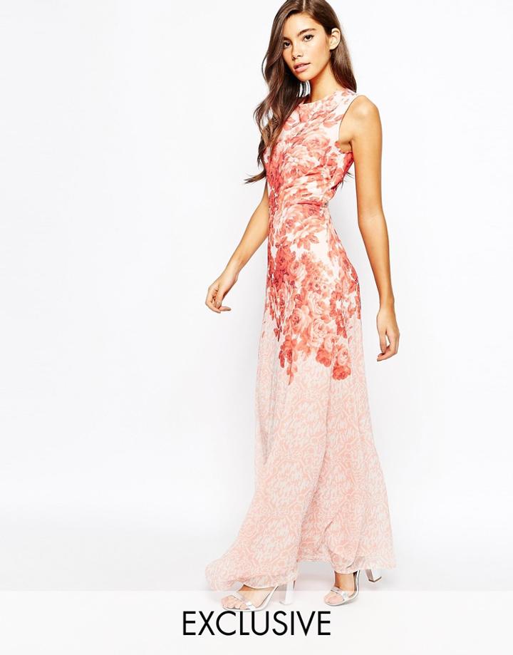 True Violet Rose Print Maxi Dress In Chiffon - Orange Multi