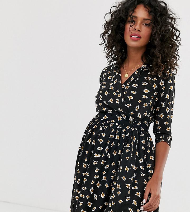 Asos Design Maternity Casual Wrap Mini Tea Dress In Ditsy Floral Print - Multi