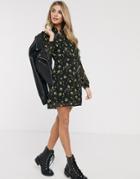 Oasis Swing Dress With Tie Collar In Floral Print-black