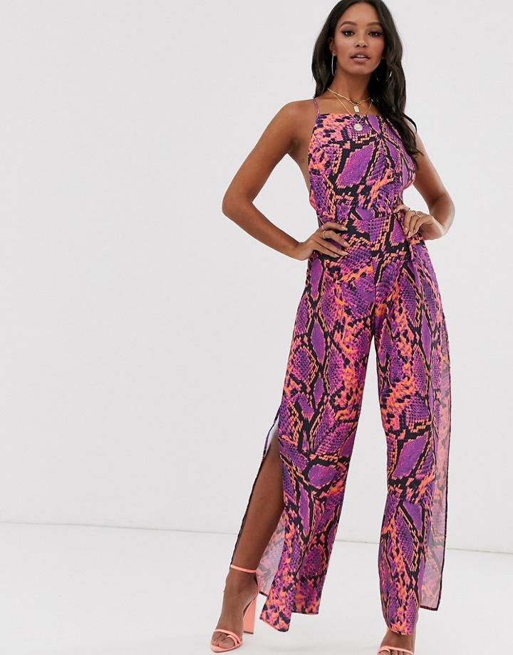Asos Design Asymmetric Cami Strap Jumpsuit With Wide Leg In Bright Snake Print - Multi