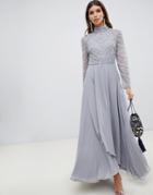 Asos Design Maxi Dress With Long Sleeve Embellished Bodice - Gray