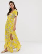 Miss Selfridge Maxi Dress With Button Through In Yellow Pattern