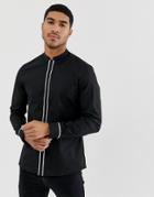 Asos Design Slim Shirt With Manderin Collar With Contrast Piping - Black