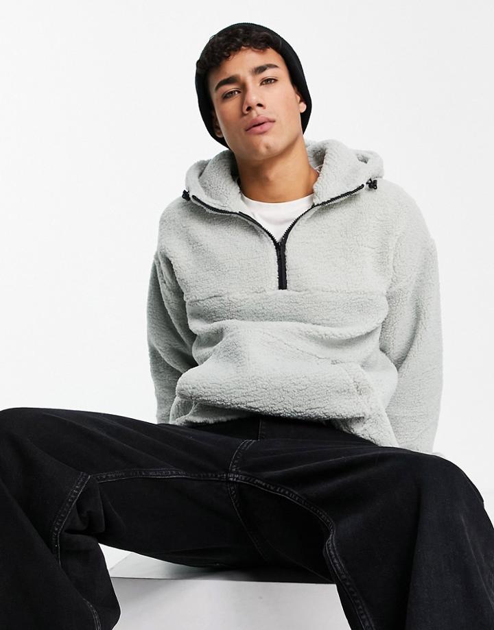 New Look Borg Zip Neck Hoodie In Light Green