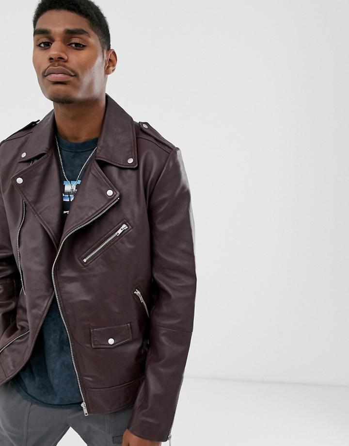 Asos Design Asymetric Leather Biker Jacket In Burgundy