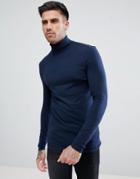 Asos Design Muscle Fit Long Sleeve T-shirt With Roll Neck - Navy