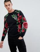 Hype Sweatshirt With Borderline Roses Print - Black