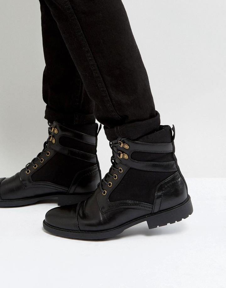 Asos Lace Up Boots In Black Faux Leather With Faux Suede Detail - Black