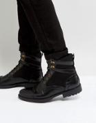 Asos Lace Up Boots In Black Faux Leather With Faux Suede Detail - Black