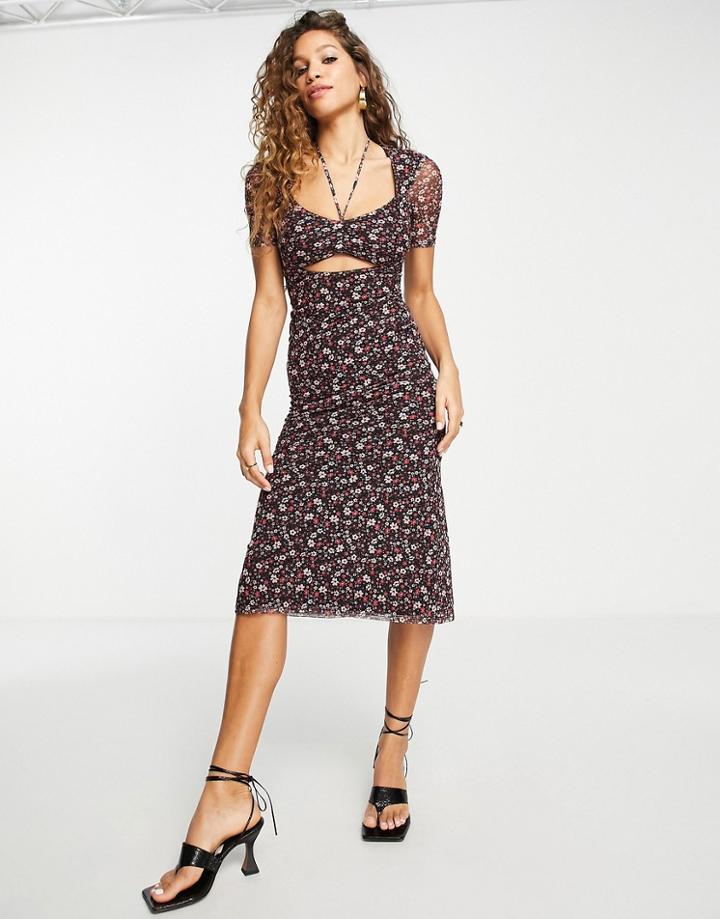 Topshop Cut Out Floral Mesh Midi Dress In Pink
