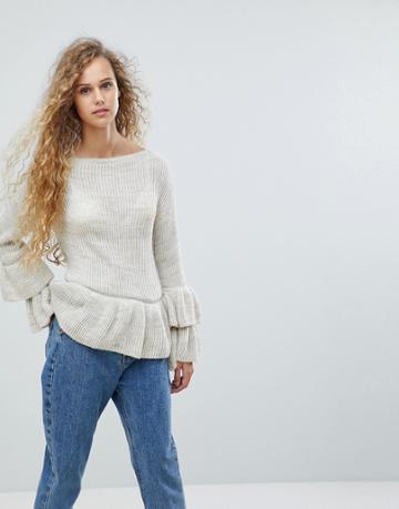 Love Frill Sleeve Sweater-tan