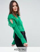 Asos Tall Deconstructed Ruffle Cold Shoulder Blouse With Tie Detail - Green