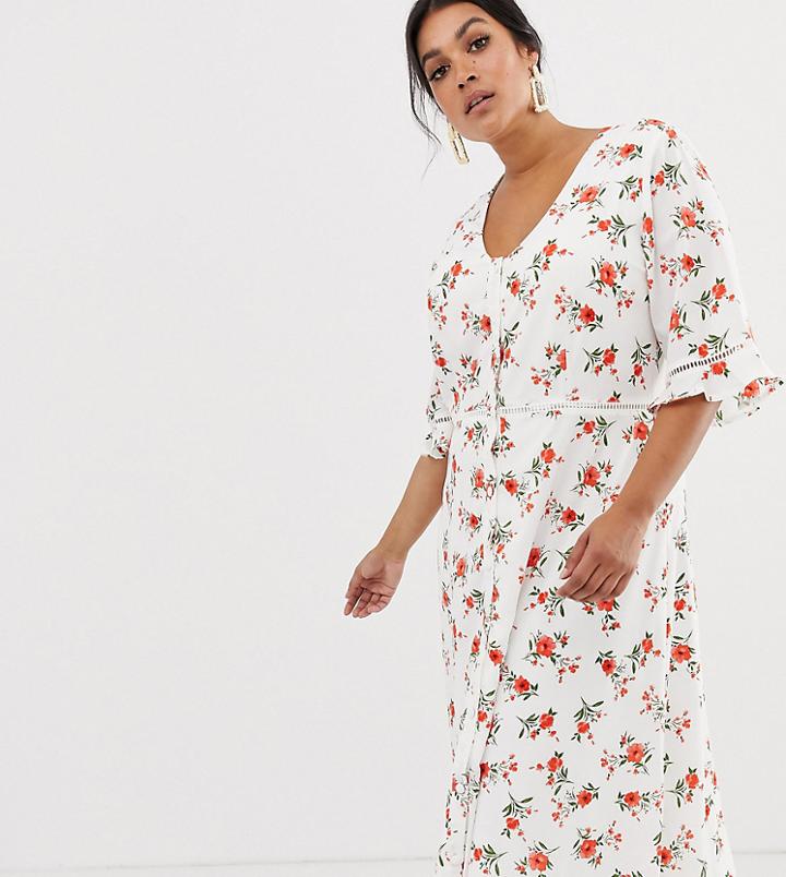 Fashion Union Plus Midi Dress In Floral - White