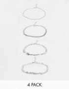 Asos Design Pack Of 4 Anklets In Mixed Chains In Silver Tone