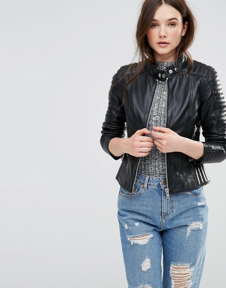 Barney's Originals Asymmetric Leather Biker Jacket With Quilted Shoulder Detail - Black