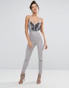 Missguided Velvet & Crepe Binded Jumpsuit - Gray