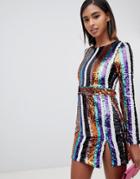 Club L High Neck Striped Sequin Mini Dress With Side Split - Multi