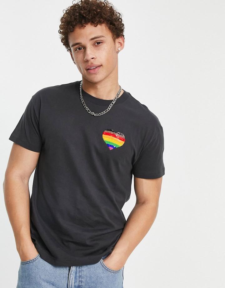 Abercrombie & Fitch Pride Capsule Flip Sequin Heart T-shirt In Dark Gray