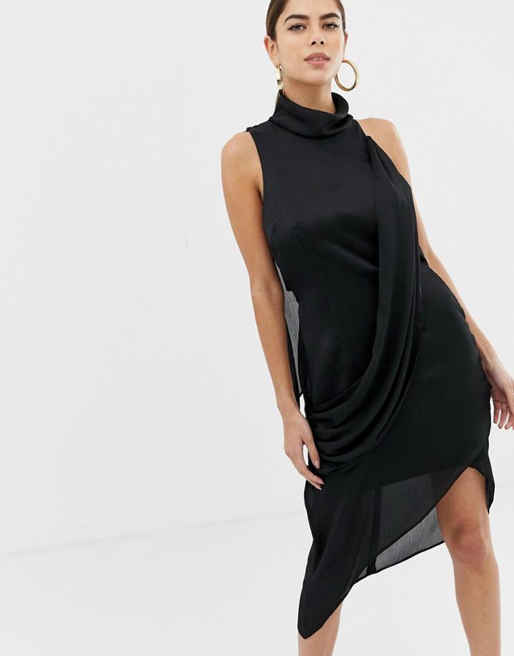 Asos Design High Neck Crossover Drape Midi Dress - Black