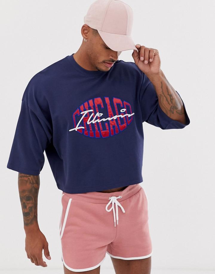 Asos Design Oversized Cropped T-shirt With City Embroidery In Pique - Navy