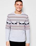 Asos Holidays Sweater With Stags And Cable Design - Blue