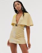 Rare Plunge Belted Cape Mini Dress In Gold - Gold