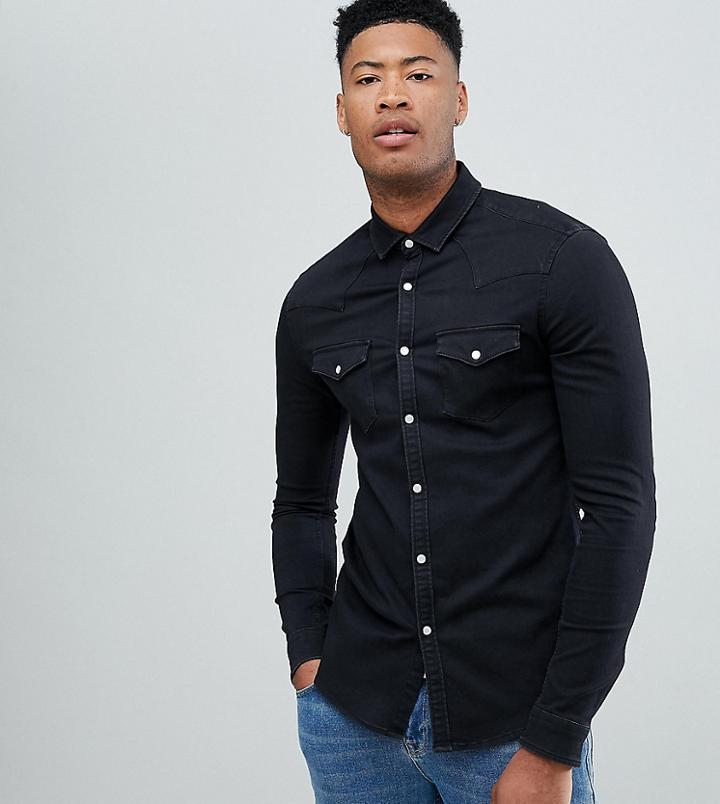 Asos Design Tall Skinny Western Denim Shirt In Black - Black