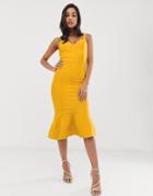 Asos Design Tape Detail Bandage Asymmetric Hem Midi Dress-yellow