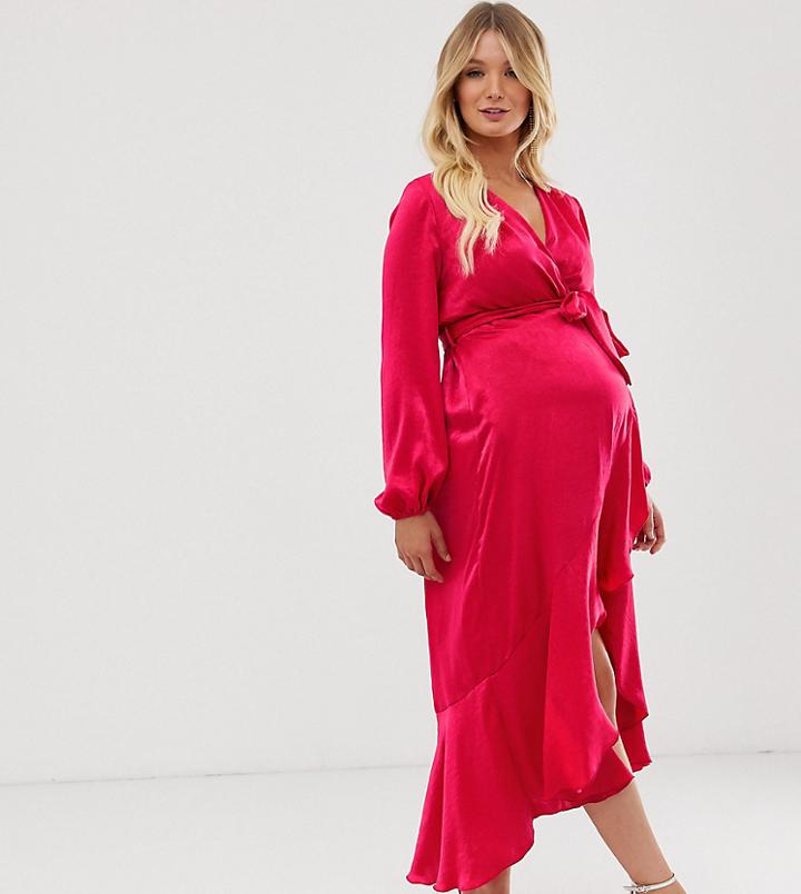 Flounce London Maternity Wrap Front Midi Dress In Hot Pink - Pink