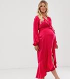 Flounce London Maternity Wrap Front Midi Dress In Hot Pink - Pink