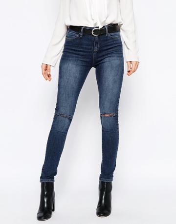 Dry Cast High Rise Skinny Jeans In Dark Vintage Wash With Ripped Knee - Dark Vintage