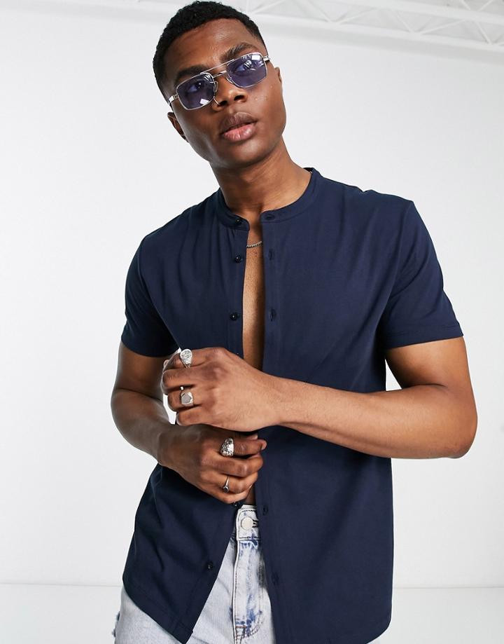 Asos Design Jersey Shirt With Grandad Collar In Navy