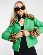 Topshop Short Coat With Faux Fur Trims In Bright Green