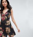 Parisian Tall Floral Print Wrap Dress With Frill Shoulder-black