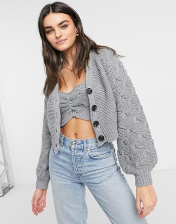 Skylar Rose Cropped Cardigan In Textured Knit Set-grey