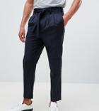 Asos Design Tapered Smart Pants In Navy Wool With Self Tie Belt - Navy