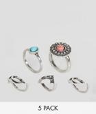 Asos Design Pack Of 5 Burnished Stone Rings - Silver
