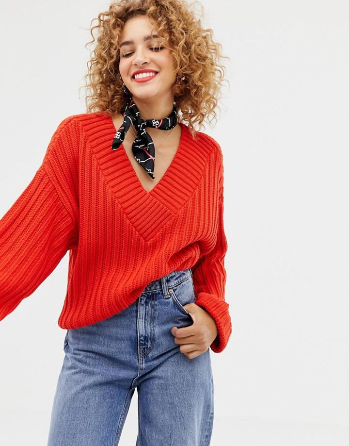 Asos Design V-neck Sweater In Chunky Rib - Orange