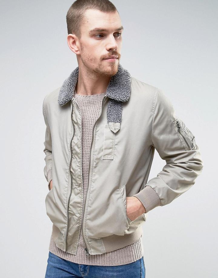 Asos Washed Bomber Jacket With Fleece Collar In Stone - Stone