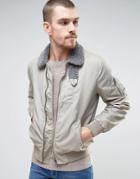 Asos Washed Bomber Jacket With Fleece Collar In Stone - Stone