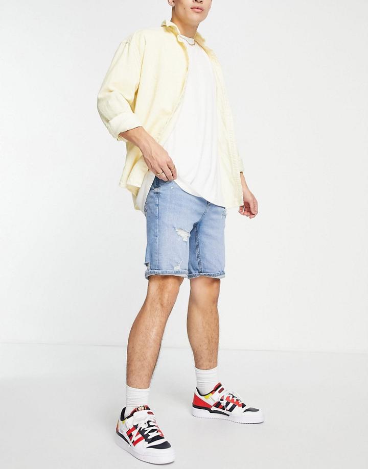 Pull & Bear Slim Fit Denim Shorts In Blue With Rips