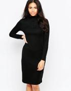 Neon Rose Midi Dress With Turtleneck And Button Detail - Black